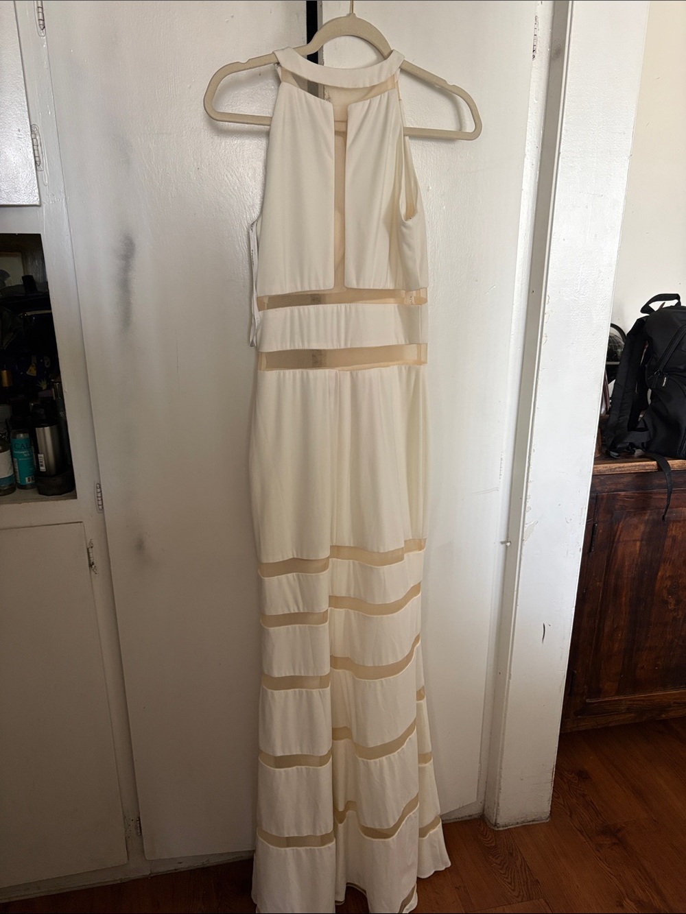 Jovani Ivory and Nude Sheer-Strip Halter Gown